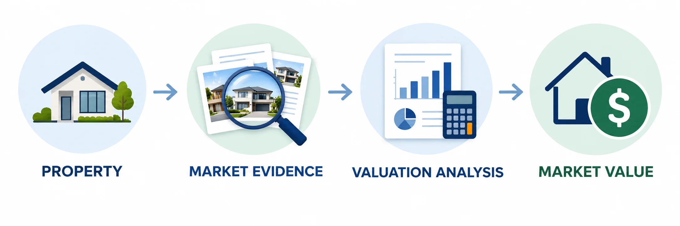 Property valuation process showing property assessment, market evidence, valuation analysis and determination of market value
