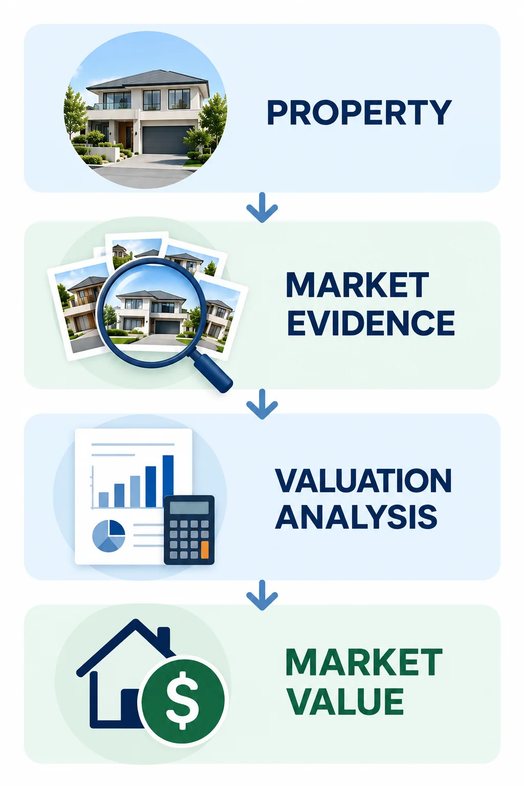 Property valuation process showing property assessment, market evidence, valuation analysis and determination of market value